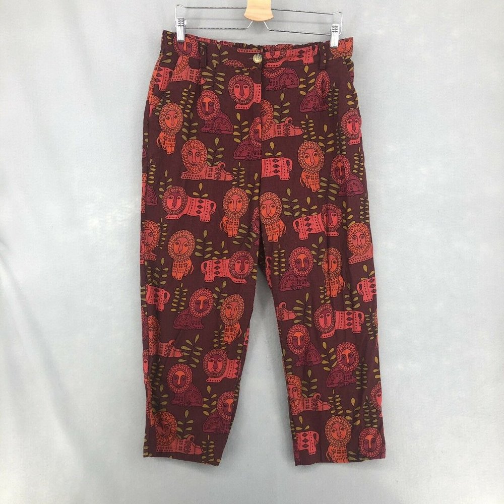 Vintage 1970's 60's Pants Psychedelic Wide-Leg Flare Lion Print Red 14 L M